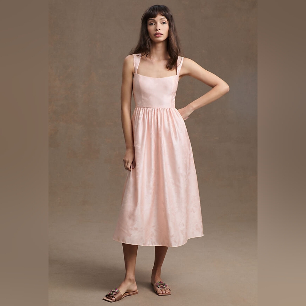 NWT BHLDN Poppy Square Neck Satin Jacquard A Line Midi Dress Blush Pink Size 4